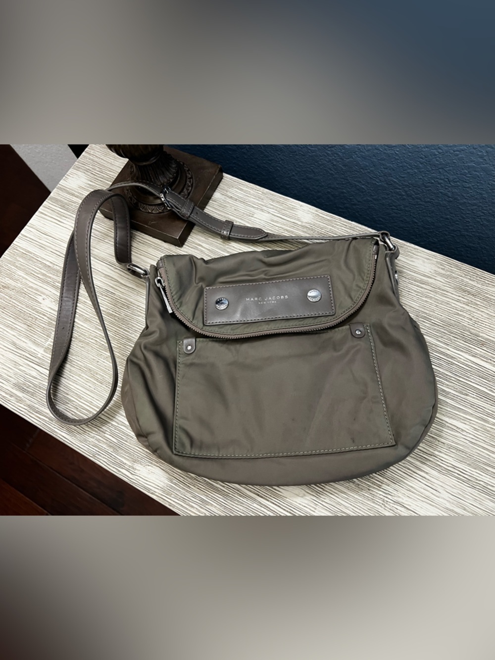 Marc Jacobs Olive Nylon Messenger Bag with Taupe Leather Trim